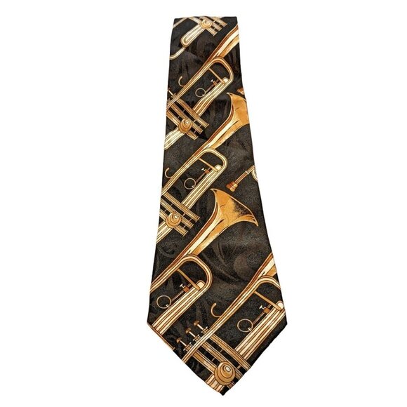 Fratello Hand Made Necktie Tie Trumpets Music Black Gold Musician Gift Classic - Picture 1 of 4
